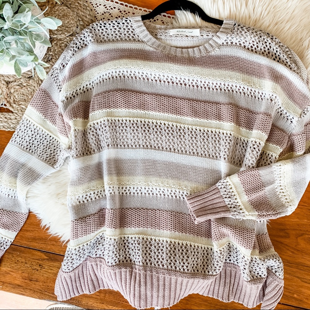 Mauve & cream crocheted / knit sweater